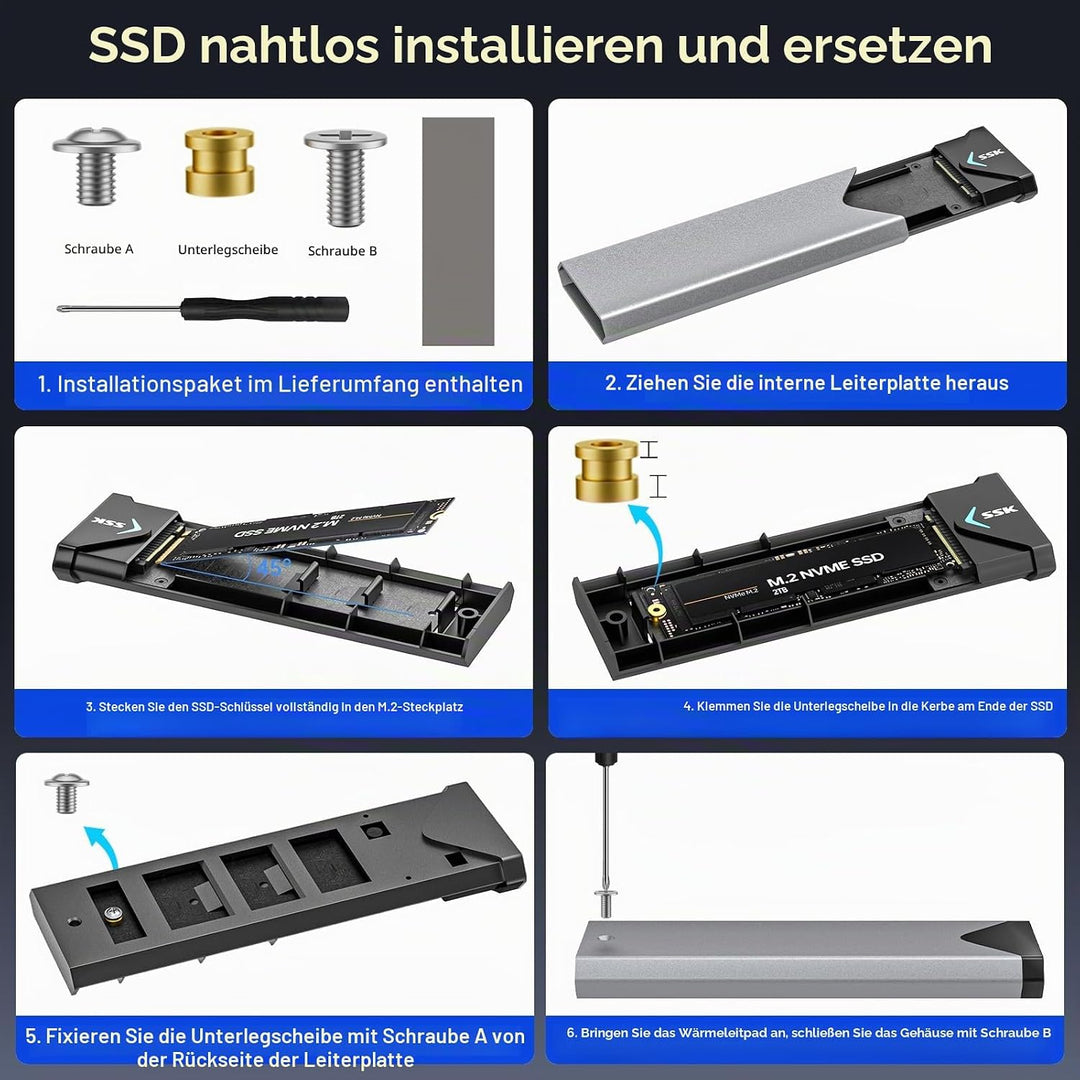 SSK Aluminium M.2 NVME SATA SSD Gehäuseadapter, USB 3.2 Gen 2 (10 Gbit/s) auf PCI-E NGFF M-Key/(B+M)