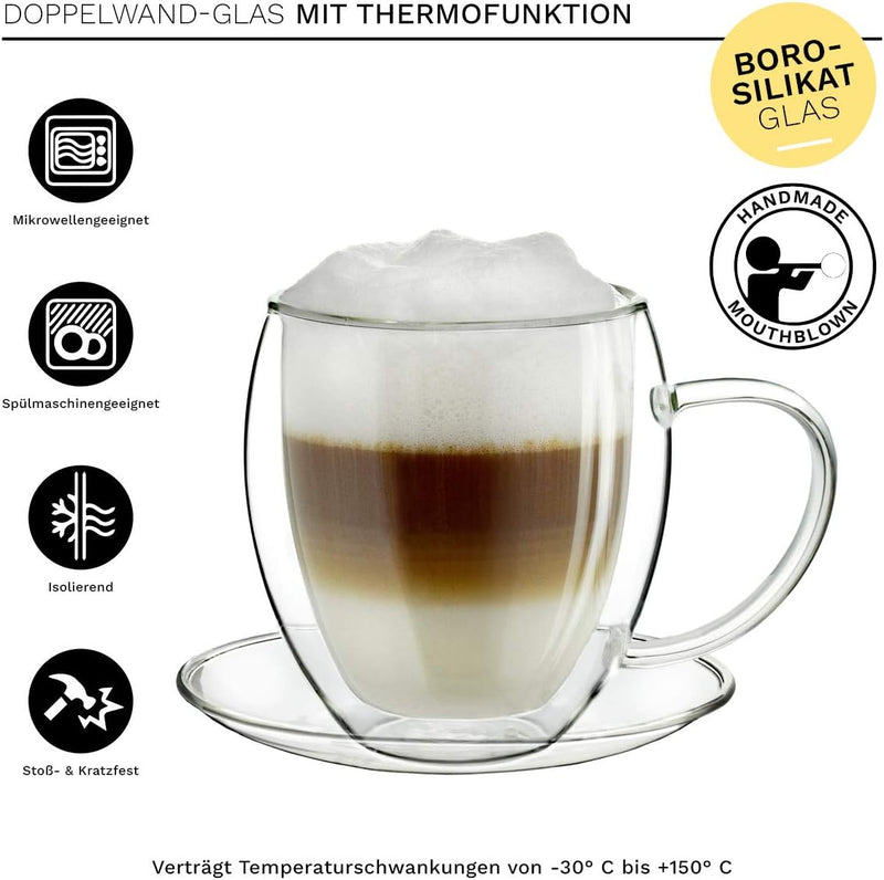 Creano 6 doppelwandige 250 ml Glas-Thermotassen mit Untersetzer, Glas-Teetasse/Kaffeetasse mit Schwe