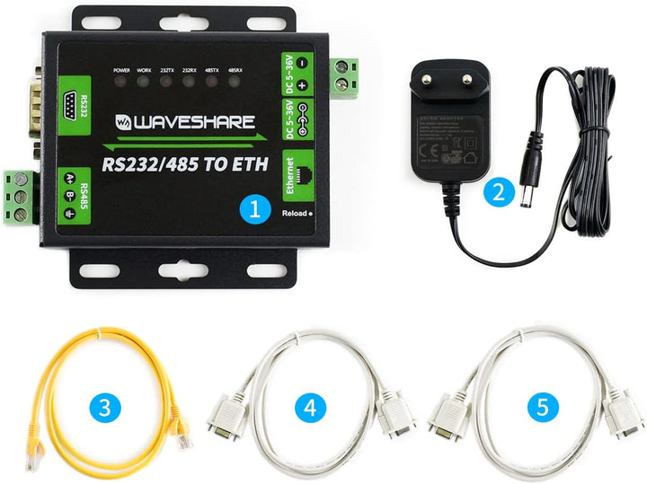 Waveshare Industrial RS232/RS485 to Ethernet Converter Dual Serial Ports TCP Server TCP Client UDP S