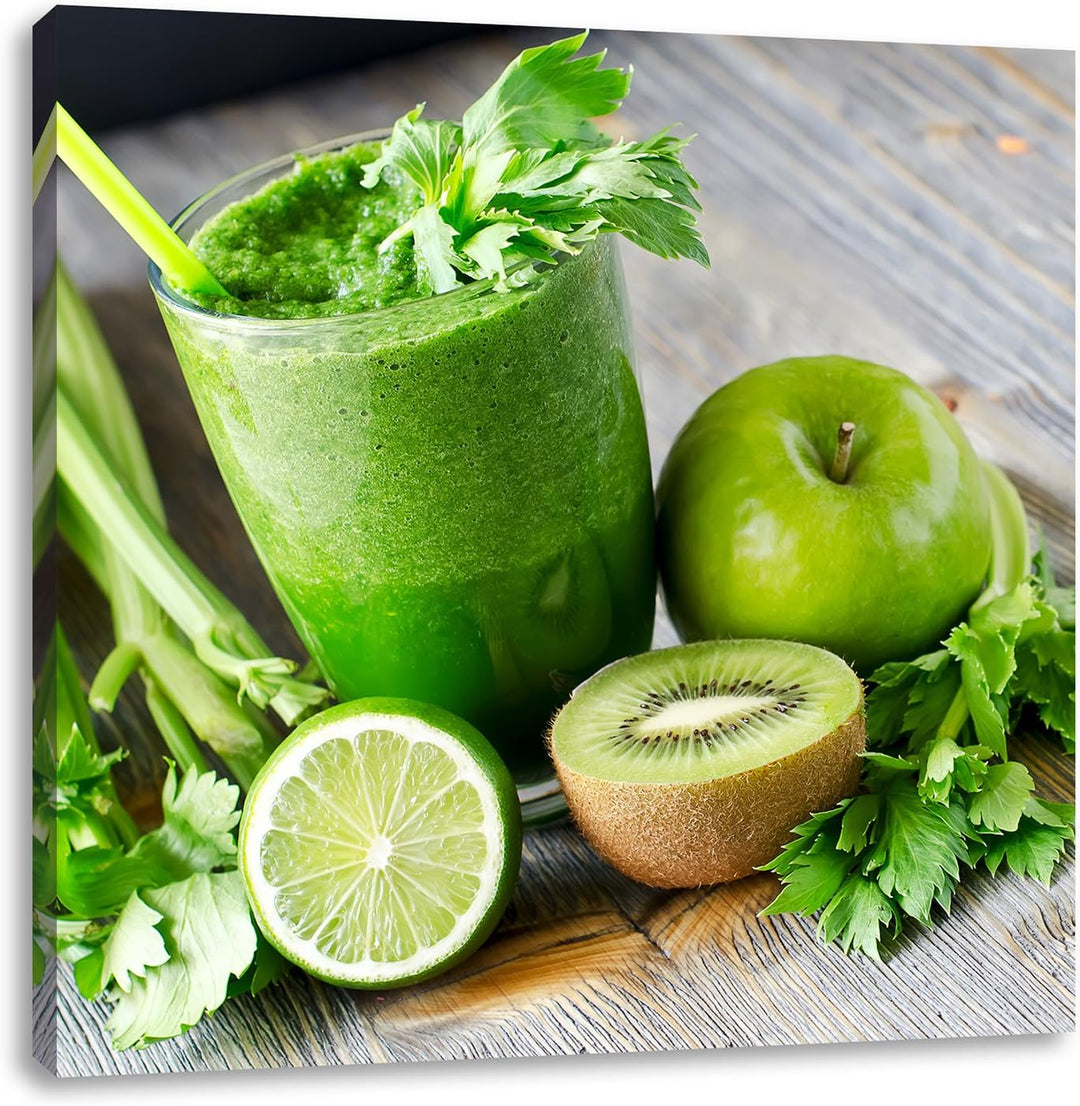Pixxprint Bio Smoothie Apfel Limette Kiwi als Leinwandbild/Grösse: 70x70 cm/Wandbild/Kunstdruck/fert