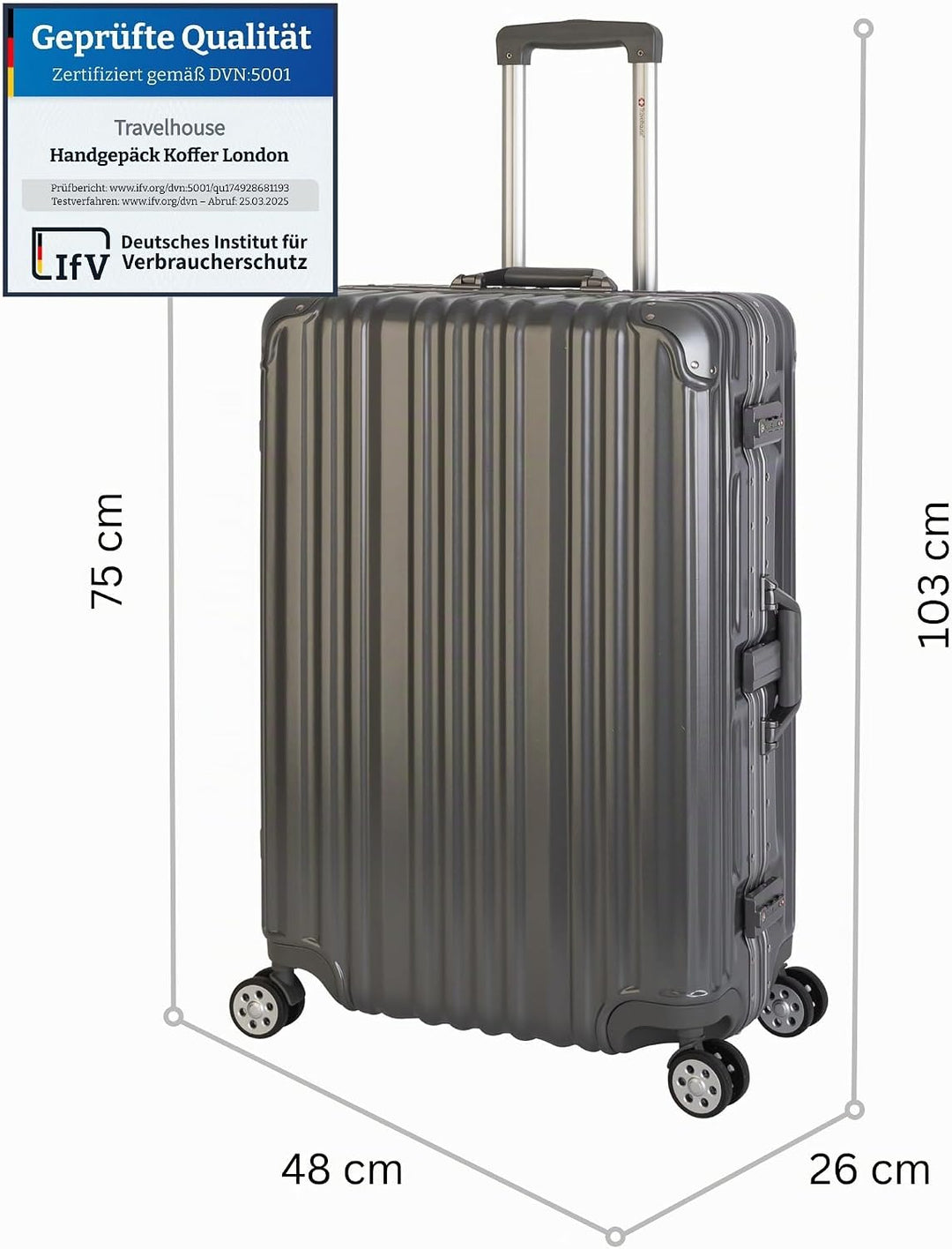 Travelhouse London Koffer Grau L-75cm · Alu-Rahmen · Polykarbonat Hartschale · Trolley Reisekoffer R