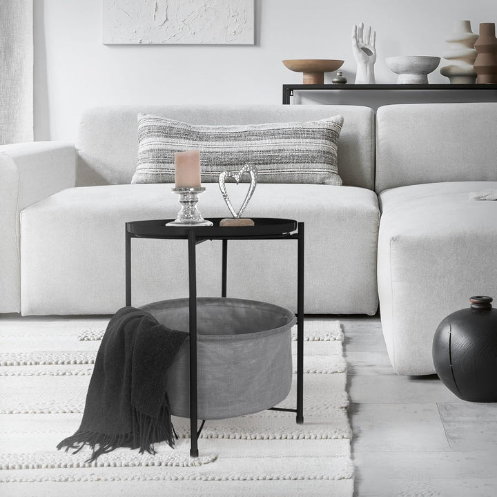 ML-Design Beistelltisch rund Ø45,5 x H 52,5 cm, Schwarz, aus Metall, Couchtisch mit Stoffkorb & abne