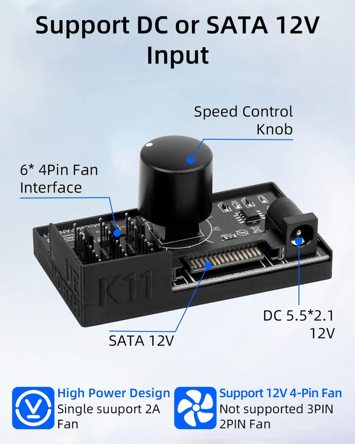 GELRHONR PWM-Lüfter-Hub Controller, 6-Port 4-Pin 12V PWM-PC-Lüftersteuerung, SATA und DC 5521 Strome