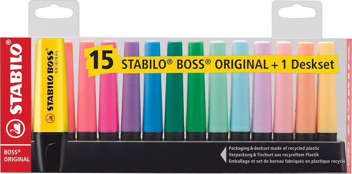 Textmarker - STABILO BOSS ORIGINAL - 15er Tischset - mit 9 Leuchtfarben & 6 Pastellfarben, 15er Tisc
