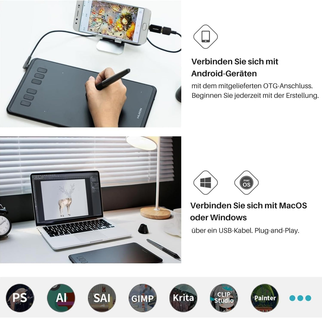 HUION INSPIROY H640P 8192 Pressure Sensitivity Graphic Tablet with Battery-Free Pen and 6 Adjustable