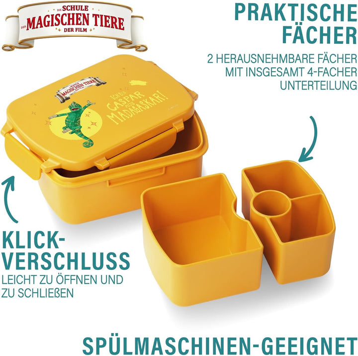 AWAVE Die Schule der Magischen Tiere Brotdose Kinder mit Fächern rPET Gelb Caspar Snackbox 1 L mit D