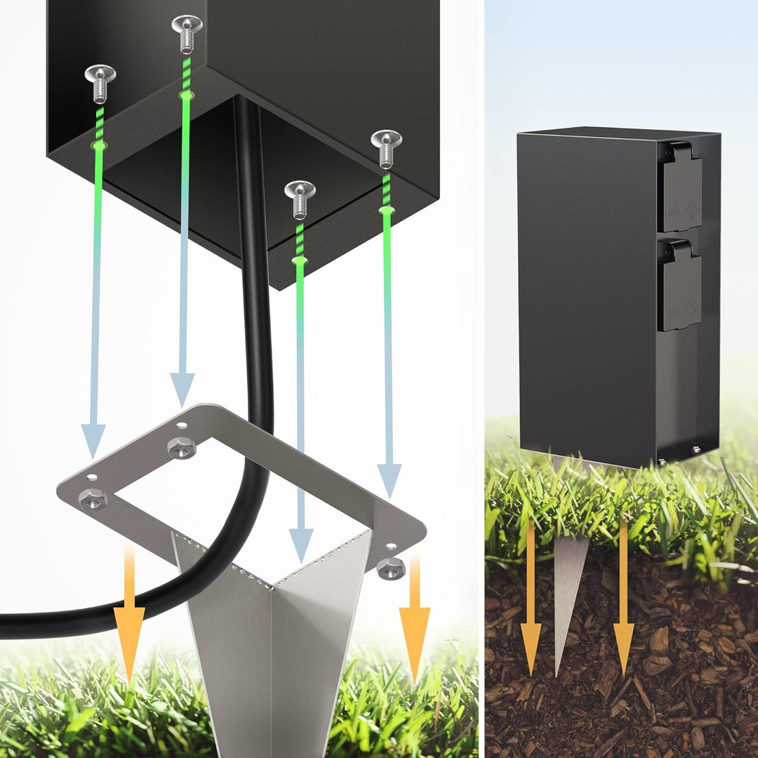 ledscom.de Gartensteckdose POMI mit Erdspiess, Outdoor, IP44, 4-fach, schwarz, eckig, 23cm, 2 Stk. 2