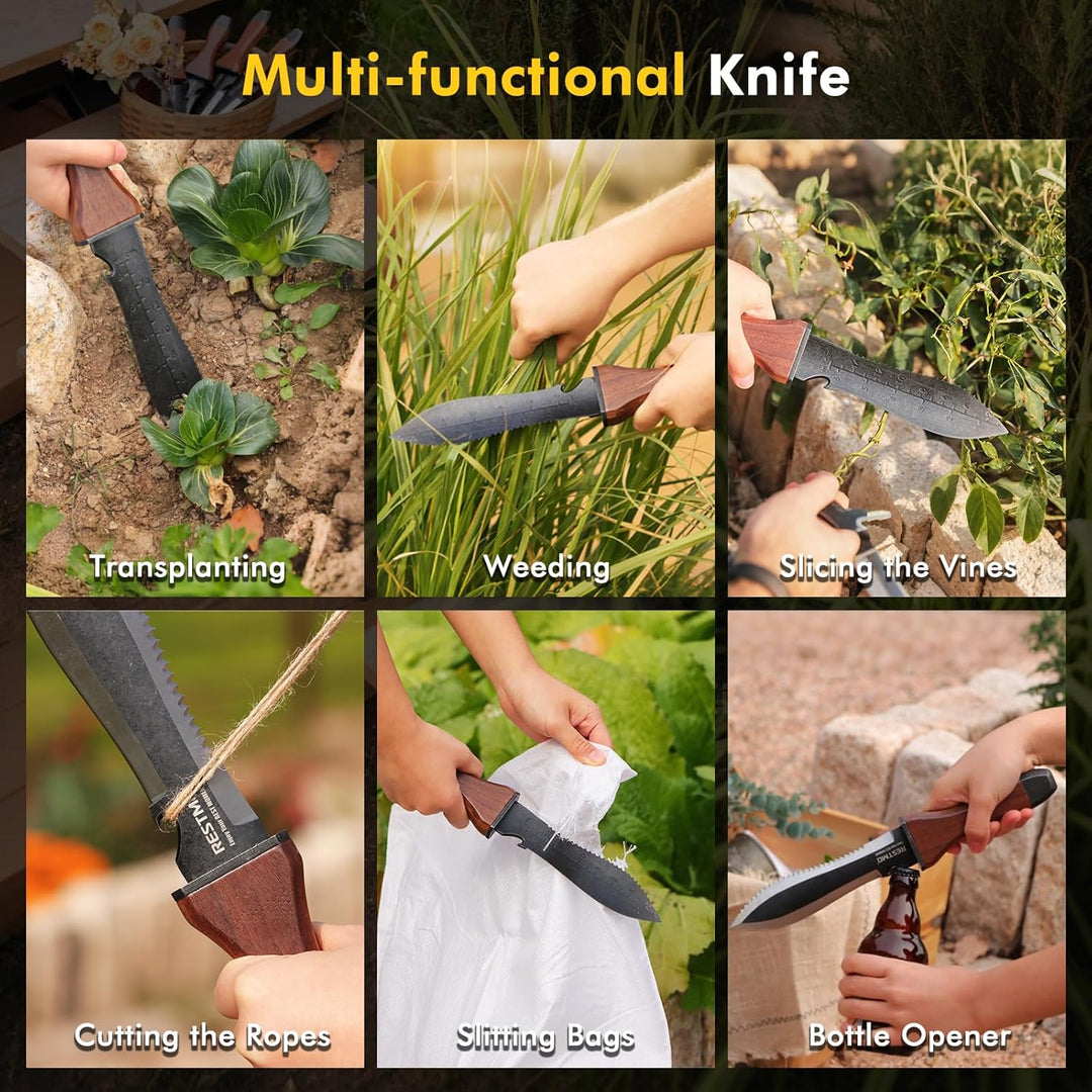 Restmo Hori Hori Gartenmesser, Doppelseitige Edelstahlklinge mit Sägezahnung, Tiefenskala & Nylonsch
