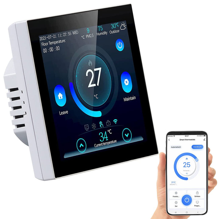 revolt Thermostat Fussboden: WLAN-Fussbodenheizung-Thermostat mit Touchdisplay, Feinstaub-Anzeige (F