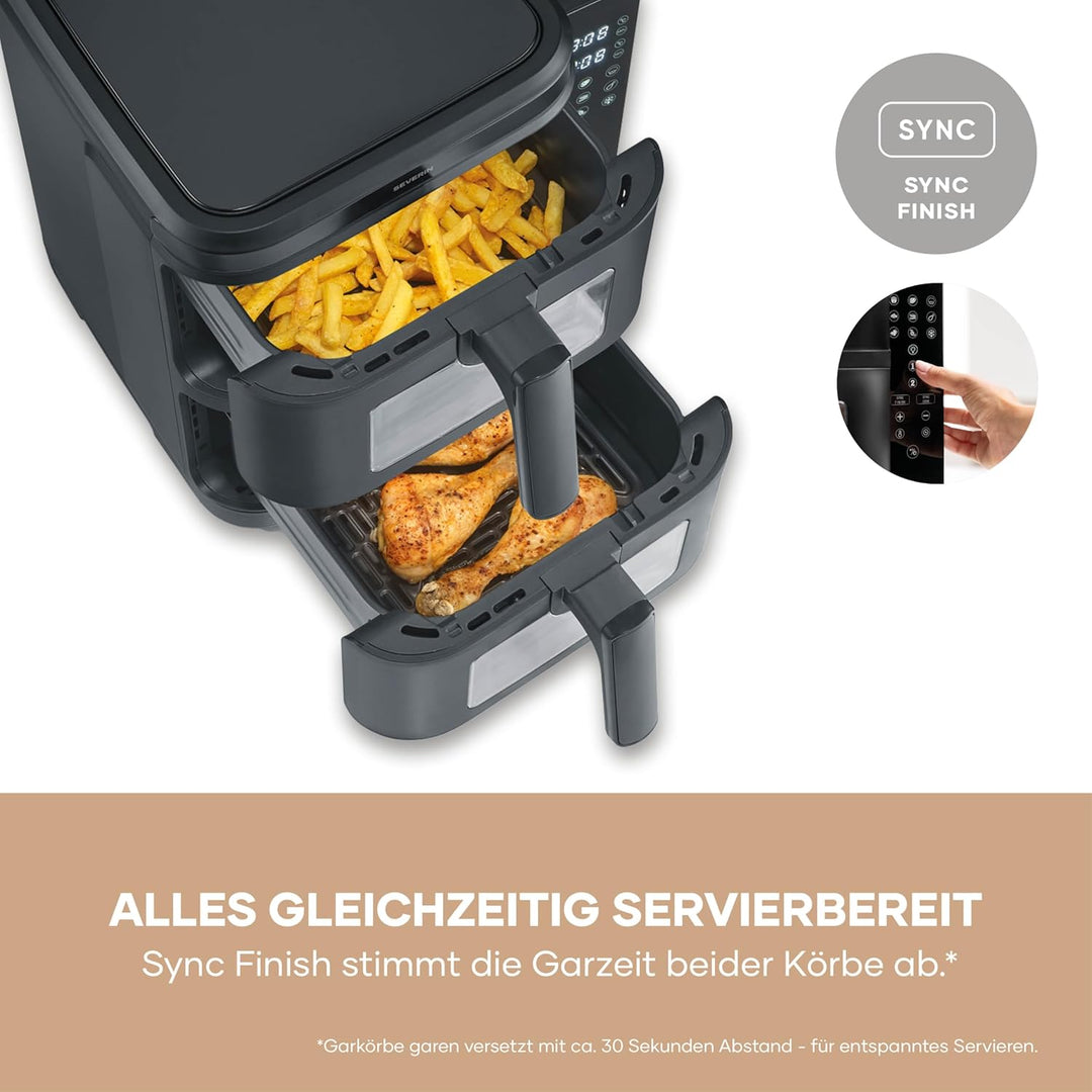 Severin Duo Stack Heissluftfritteuse, 2 x 5,5 L Garraum, 2 Kammern, gesundes Kochen, 9 Automatik-Pro