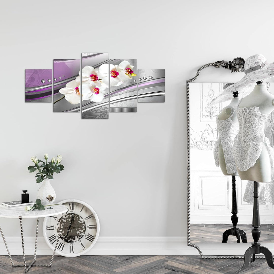 Runa Art Wandbilder Blumen Orchidee 5 Teilig Bild auf Vlies Leinwand Deko Wohnzimmer Perlen Grau Vio