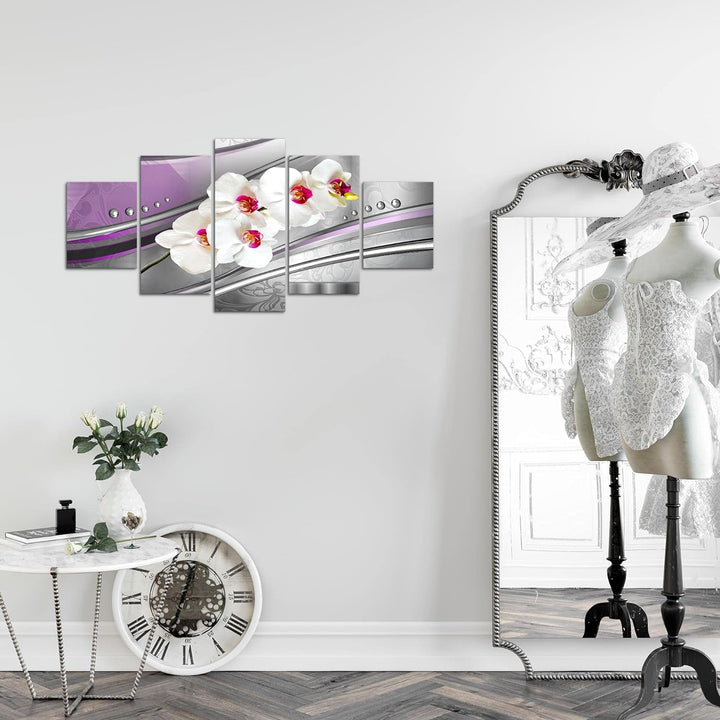Runa Art Wandbilder Blumen Orchidee 5 Teilig Bild auf Vlies Leinwand Deko Wohnzimmer Perlen Grau Vio