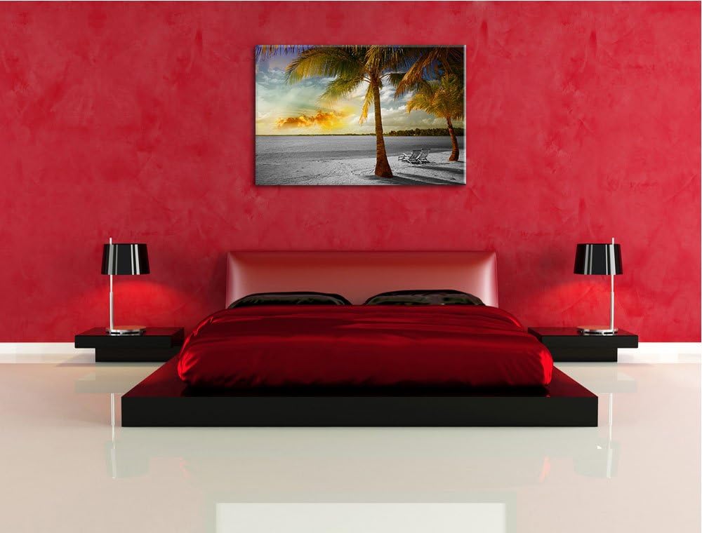 Liegestühle am Strand mit Palmen schwarz/weiss Format: 100x70 auf Leinwand, XXL riesige Bilder ferti