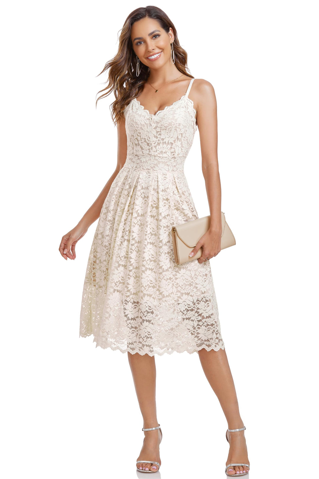Atnlewhi Damen Vintage ärmellosen V-Ausschnitt A-Linie Kleid Blumen Knielang Spitzenkleid Brautjungf