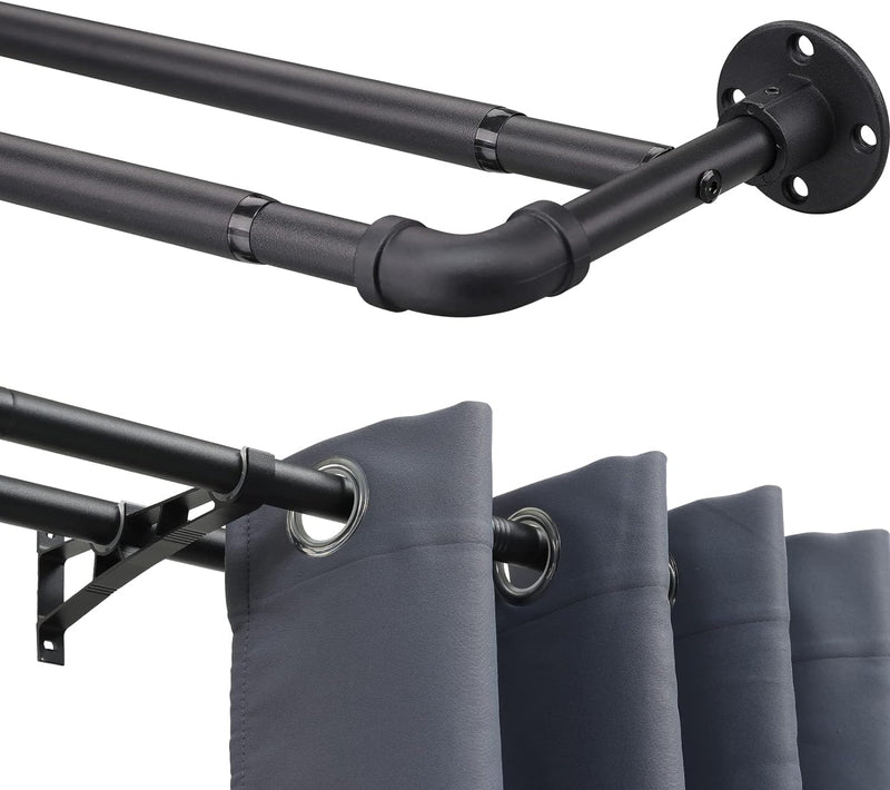 INFLATION Industrielle Doppel-Gardinenstangen, mattschwarze Vorhangstangen für Fenster 74-132 cm, 2,