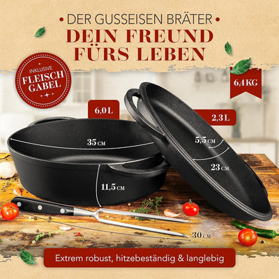 KRUSTENZAUBER 35cm Gusseisen Bräter mit Deckel backofengeeignet [inkl. Fleischgabel] - Gusseisen Top