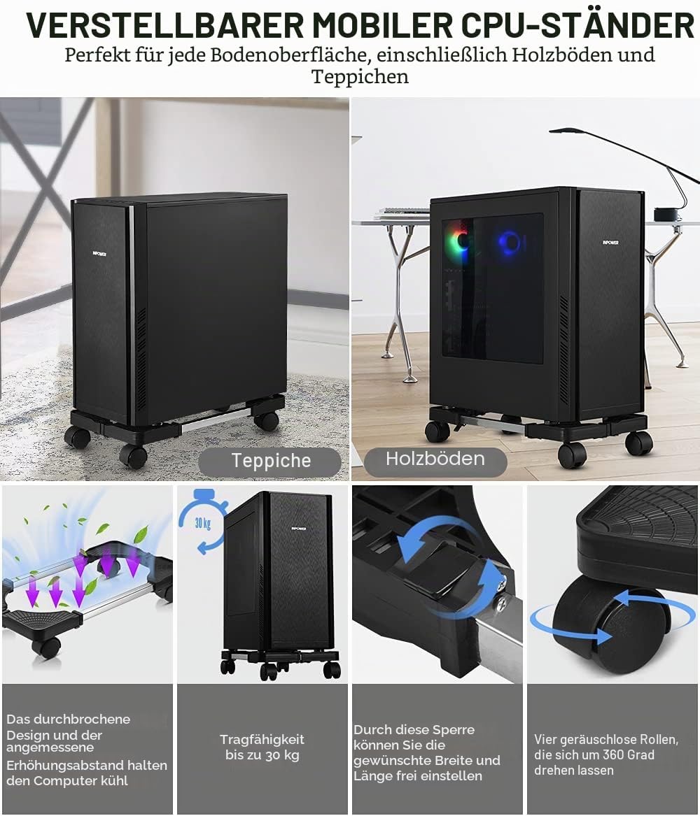 CPU-Ständer Mobiler Desktop Tower Computer Bodenständer Rollen Verstellbare Breite Universal Schwarz