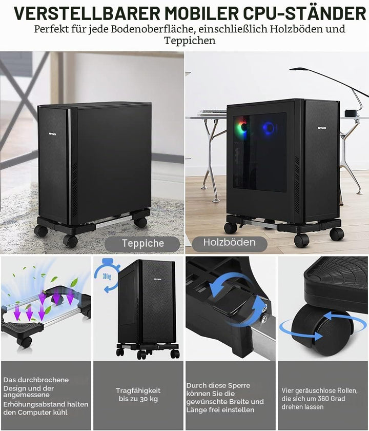 CPU-Ständer Mobiler Desktop Tower Computer Bodenständer Rollen Verstellbare Breite Universal Schwarz