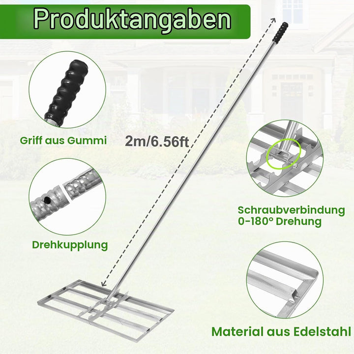 Rasenrakel 75x25cm Rasen Rakel, Garten Rasenrakel Edelstahl mit 2m Stiel, Nivellierrechen Müheloses