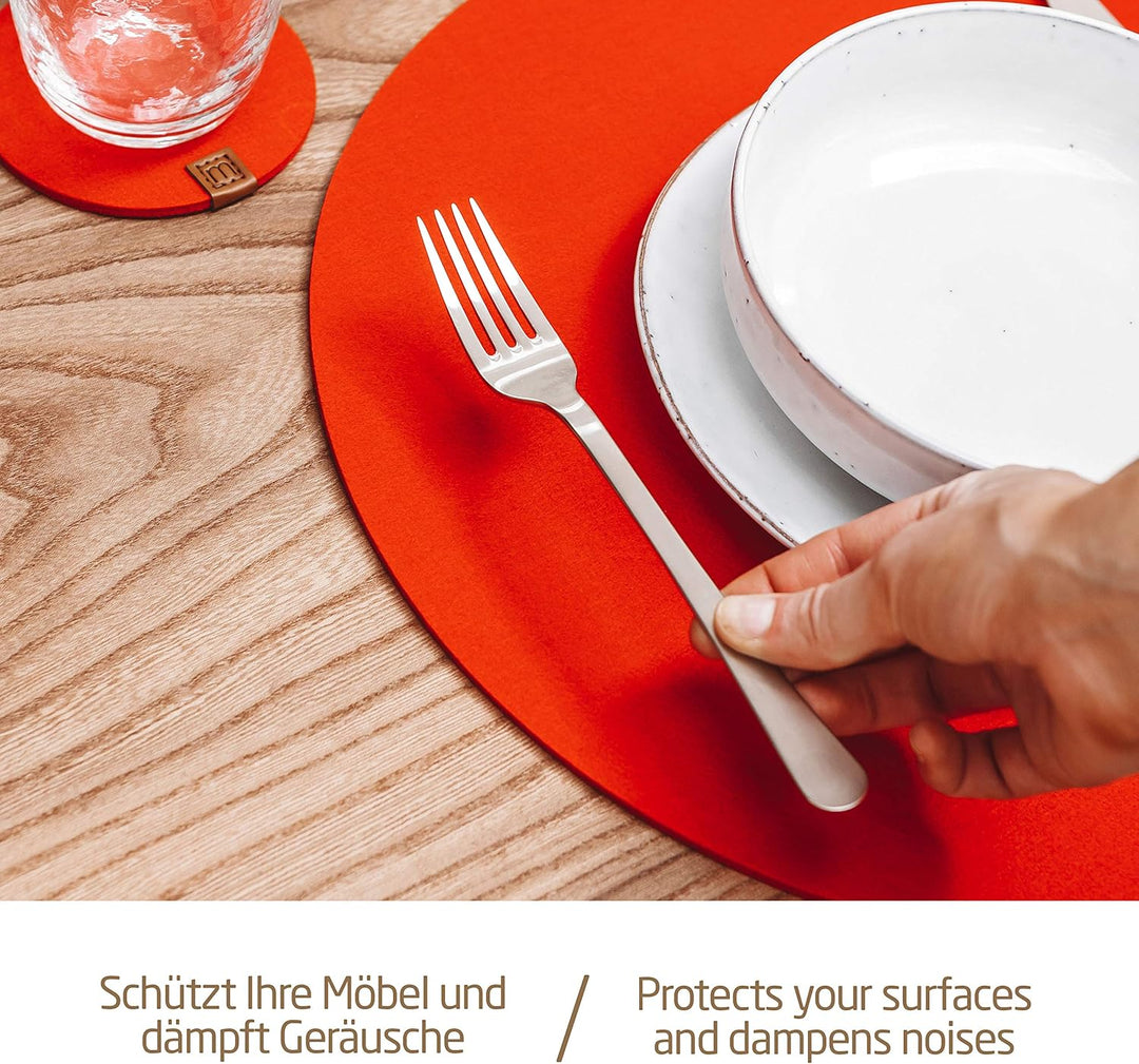 MIQIO® Design Runde Tischsets aus Filz abwaschbar | Mit Marken Echtleder Label und Glasuntersetzer |