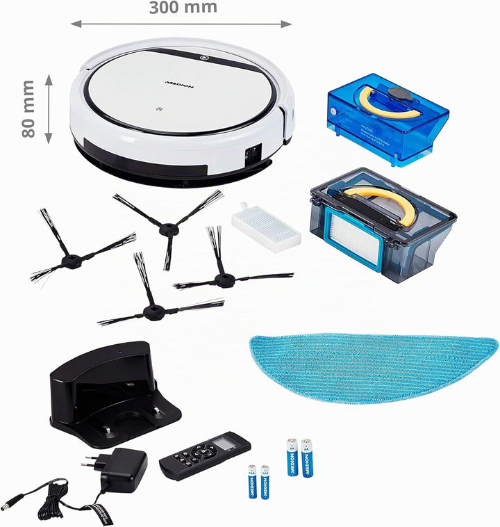 MEDION Saugroboter mit Wischfunktion E32 SW (Modell 2021, 2in1 Roboterstaubsauger für Böden Fliesen,