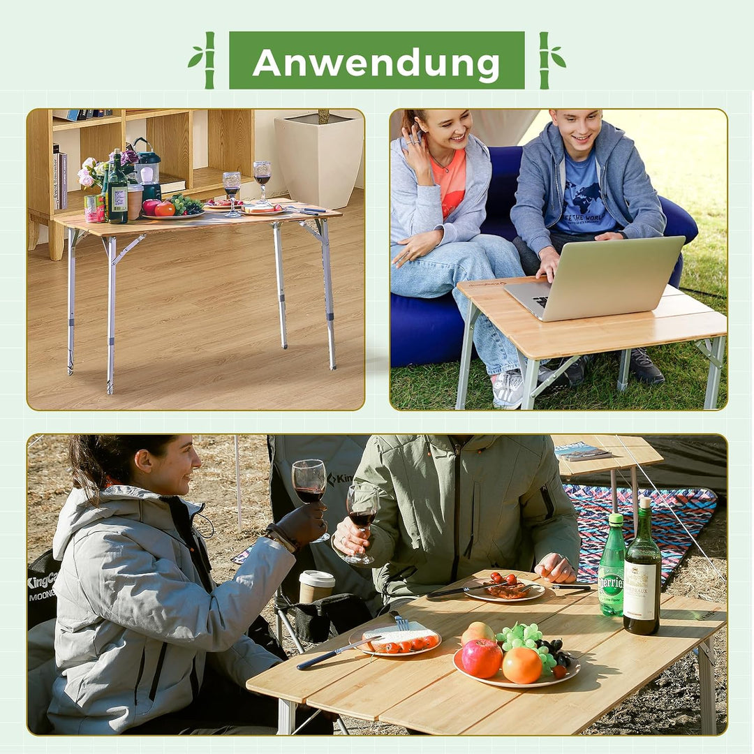 KingCamp Campingtisch Bambus Klapptisch höhenverstellbar (45/52 / 65 cm) für 2-4 Personen Campingtis