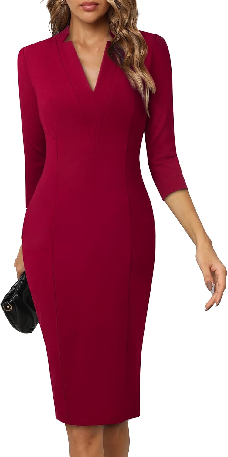 HOMEYEE Damen Elegant V-Ausschnitt 3/4 Ärmel Cocktail Retro Bodycon Bleistiftkleid Business Midi Etu