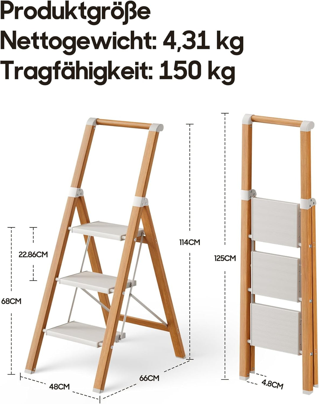 Trittleiter 3 Stufen klappbar,Tritthocker aus Aluminium | Leiter mit Handlauf,150kg Tragfähigkeit,An