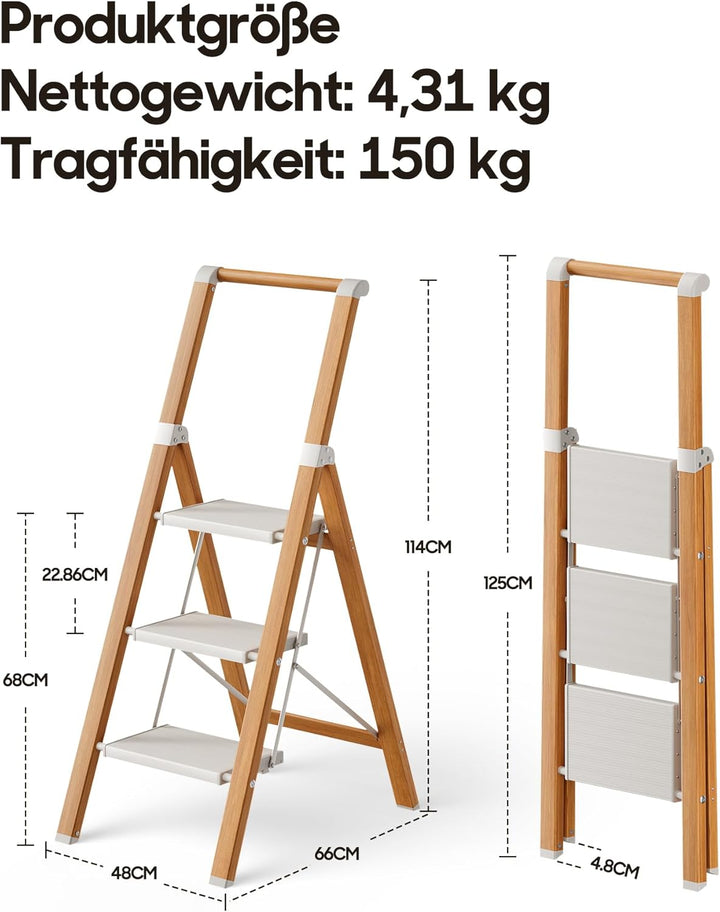 Trittleiter 3 Stufen klappbar,Tritthocker aus Aluminium | Leiter mit Handlauf,150kg Tragfähigkeit,An