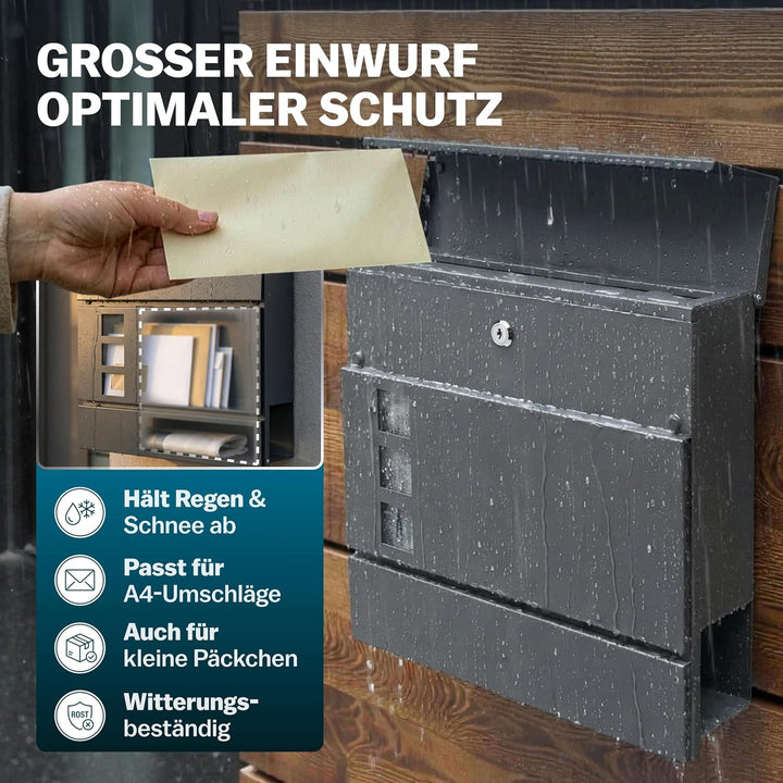 MONZANA® Briefkasten Design Stahl mit Zeitungsfach Sichtfenster 2 Schlüssel Zeitungsrolle Wandbriefk