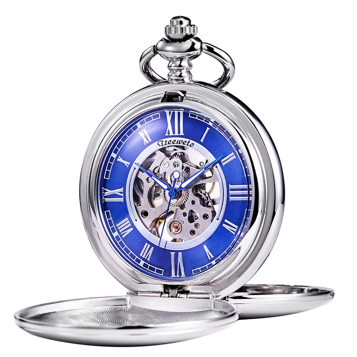 TREEWETO Pocket Watch - Smooth Double Case Series Skeleton Dial Delicate Mechanical Movement with Ch