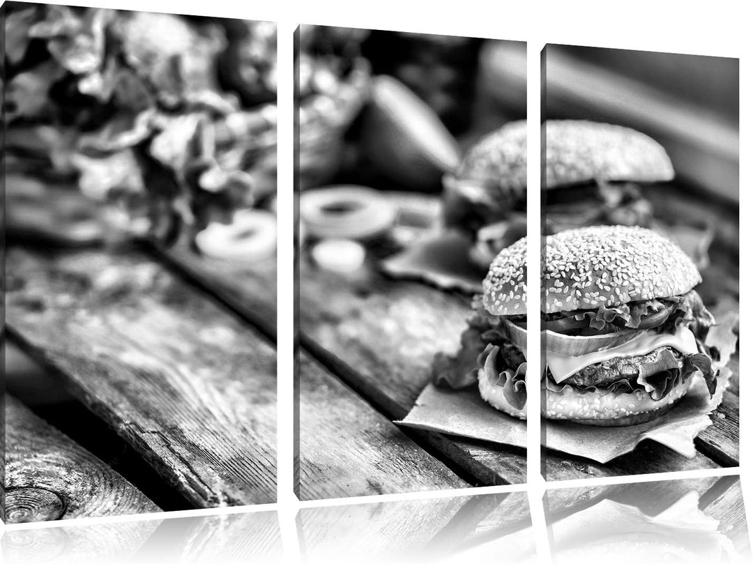 Pixxprint Leckere Burger als Leinwandbild | Grösse: 3 Teilig (120x80) | Wandbild| Kunstdruck | ferti