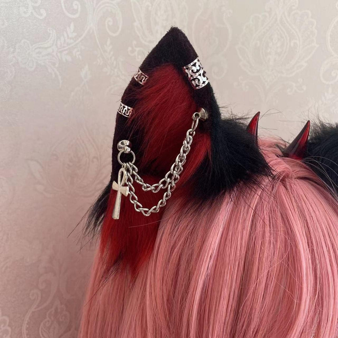 VIGVAN Handgemachte Wolf Fuchs Ohren Cosplay Kopf Zubehör Kawaii Haarband (Kette Schwarz Rot), Kette