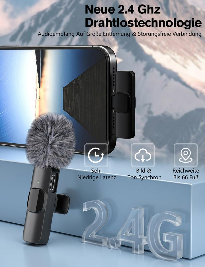 Kabelloses Lavalier Mikrofon für iPhone/iPad/Android (2er-Pack), Mini Mic mit Lightning &amp; USB-C, Ger