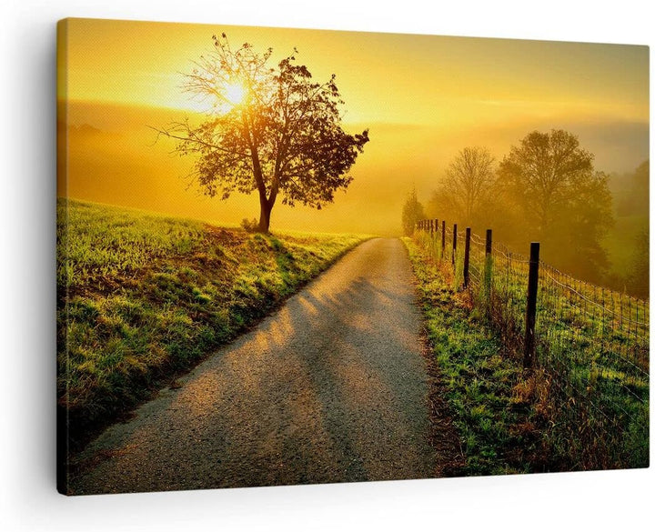 Bilder auf Leinwand Feld Strasse Baum Leinwandbild mit Rahmen 70x50cm Wandbilder Dekoration Wohnzimm