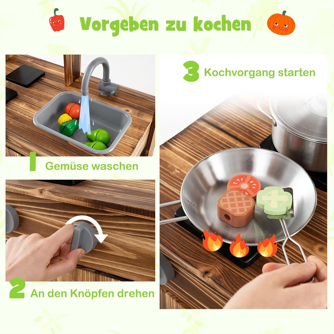 COSTWAY Matschküche Kinder Outdoor, Kinderküche Tannenholz mit 4 Kochtöpfen & Wasserhahn & Abnehmbar