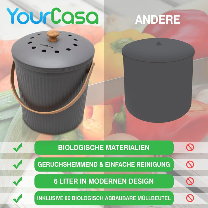 YourCasa® Komposteimer Küche - 6L - für alltäglichen Biomüll - abwaschbar - Biomülleimer Küche - nac