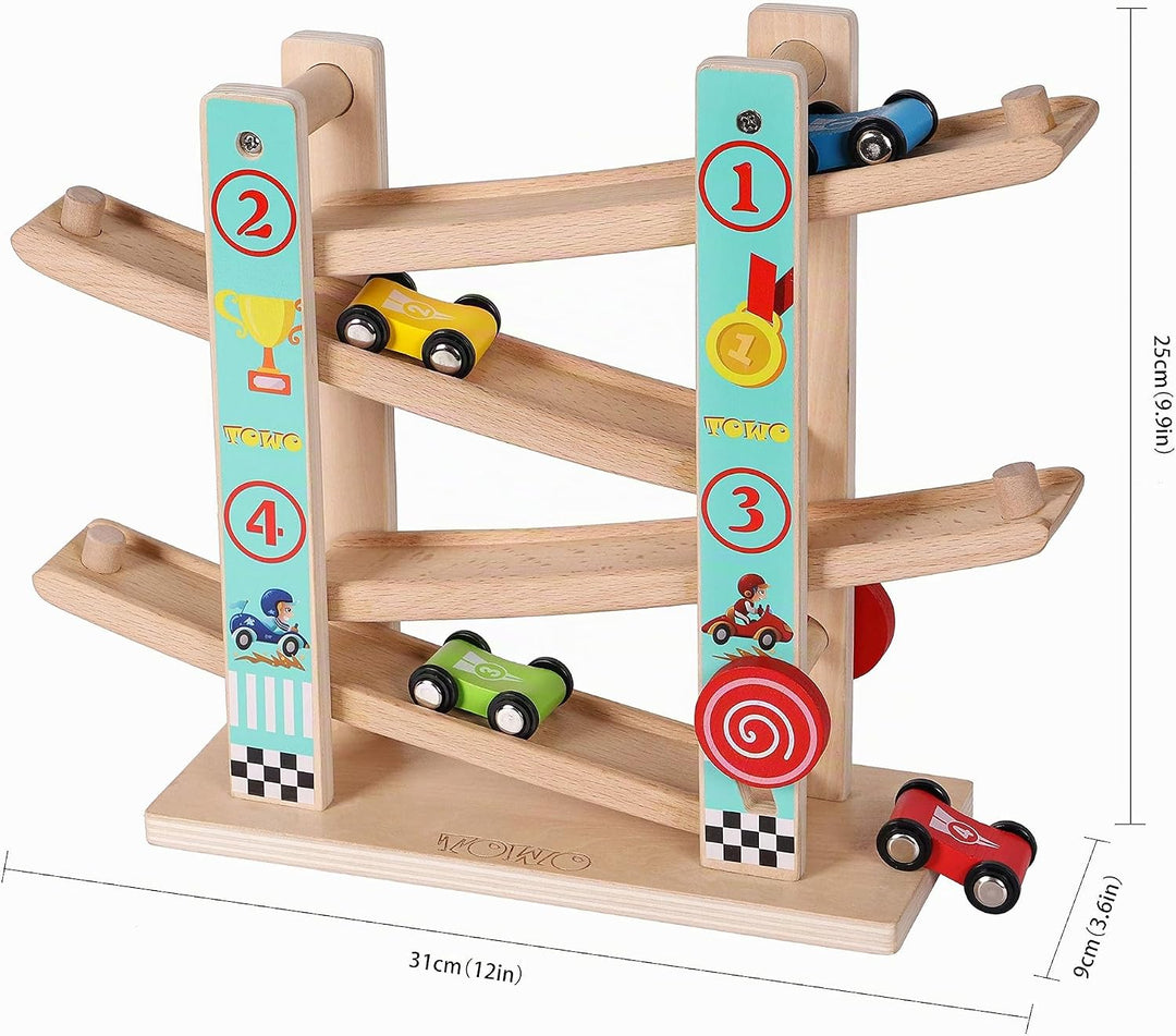 Towo Reines Holz Car Rampe - Zick-Zack-Auto-Rutschbahn mit 4 Holzautos Spielsets-Click Clack Track H