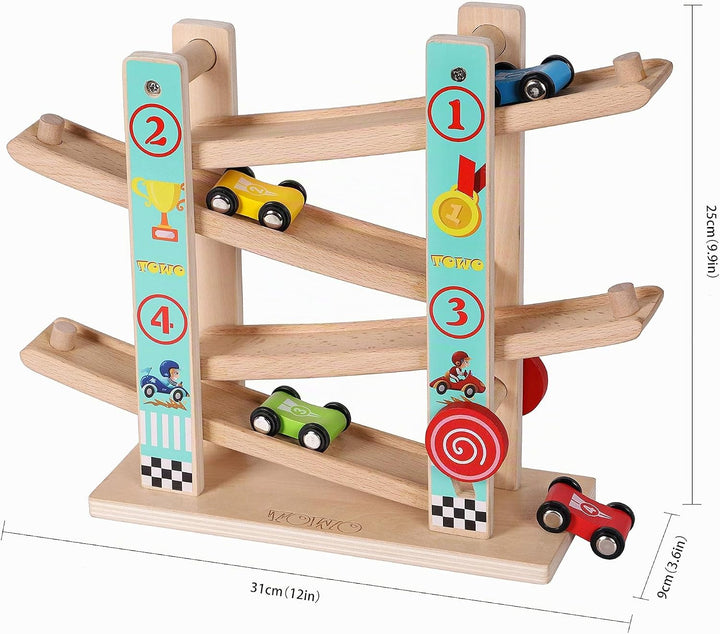 Towo Reines Holz Car Rampe - Zick-Zack-Auto-Rutschbahn mit 4 Holzautos Spielsets-Click Clack Track H