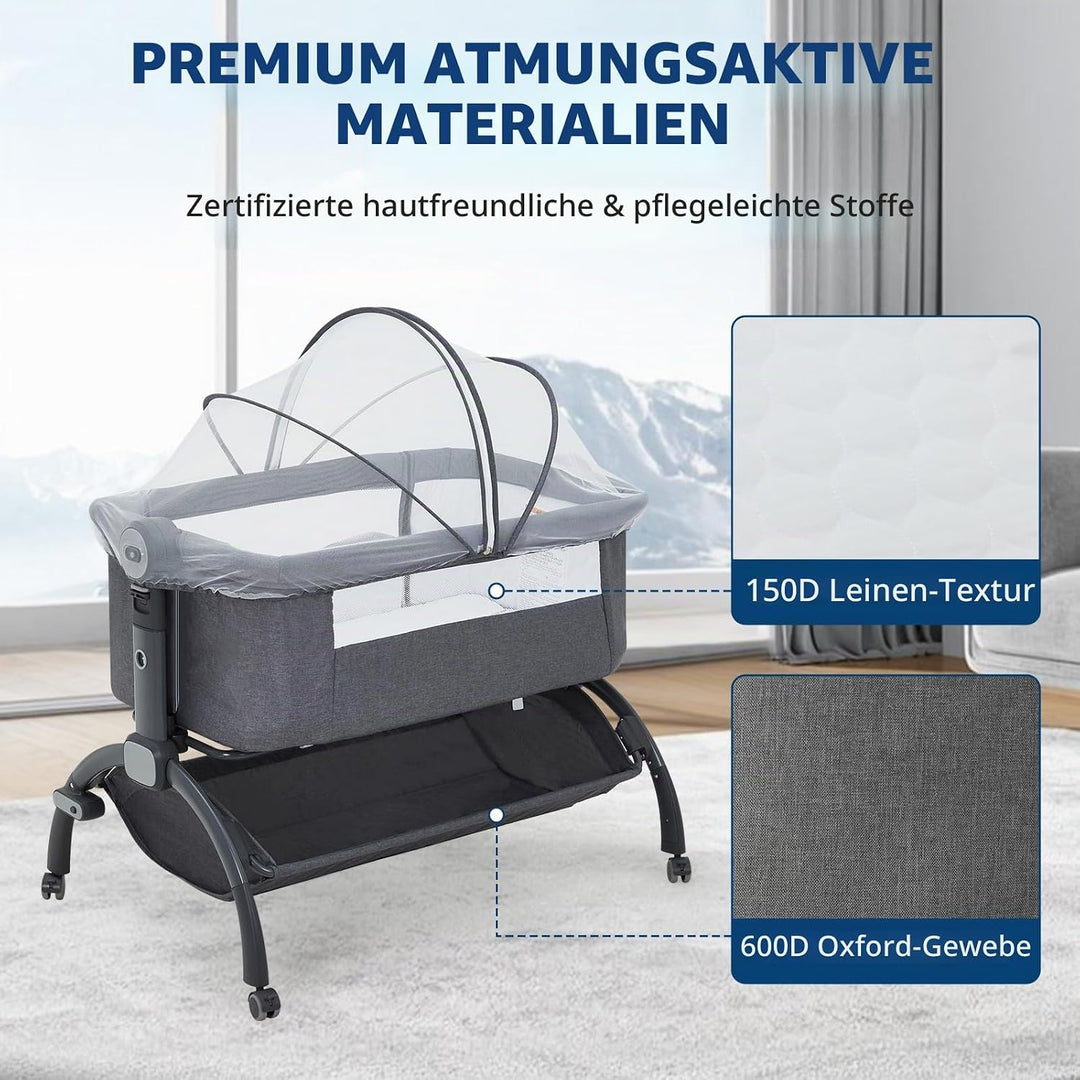 GarveeTech Beistellbett Baby höhenverstellbar mit Matratze, Mesh-Seiten, Wiegefunktion, Rollen mit B