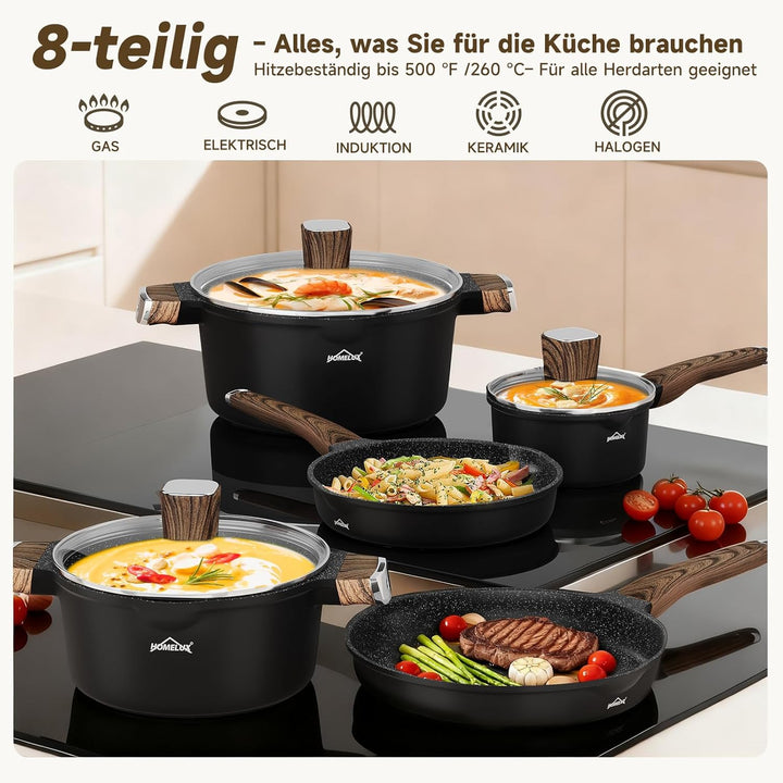 HOMELUX Topfset Induktion,8-TLG Topf und Pfannenset mit Deckel Antihaftbeschichtung,Pfanne 24/28cm,M