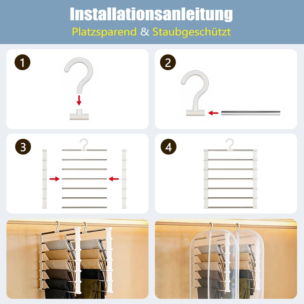 4 Stück Hosenbügel Platzsparend mit 2 Kleidersäcken 60x120cm, 6 Etagen Edelstahl Bügel, Klappbar Rob