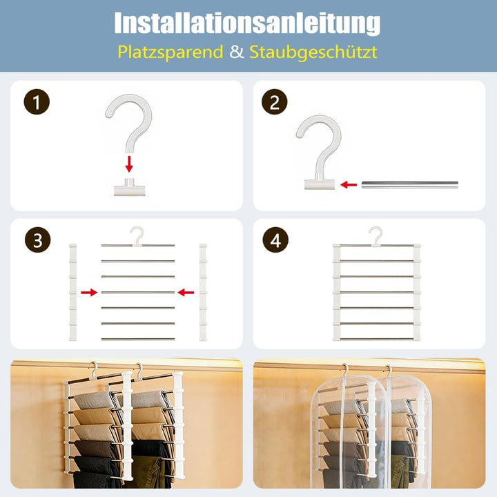4 Stück Hosenbügel Platzsparend mit 2 Kleidersäcken 60x120cm, 6 Etagen Edelstahl Bügel, Klappbar Rob