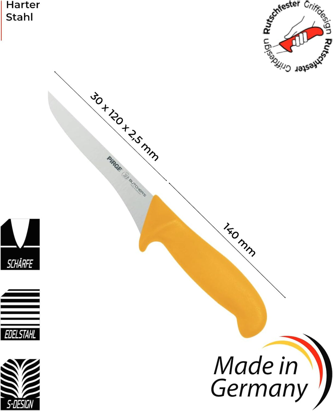 Pirge Butcher's Made in Germany Profi Ausbeinmesser Gelb 12 cm - Metzgermesser - Fleischermesser - S