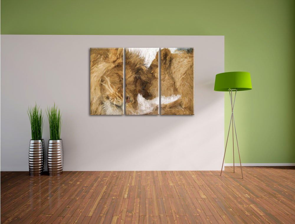 Pixxprint Kuschelnde Löwen Pinsel Effekt 3-Teiler Leinwandbild 120x80 Bild auf Leinwand