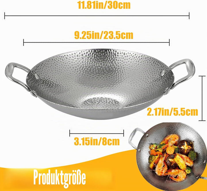 Edelstahl-Wok, 9-Zoll-Mini-Wok mit zwei Griffen, antihaftbeschichteter Wok mit rundem Boden, dicker