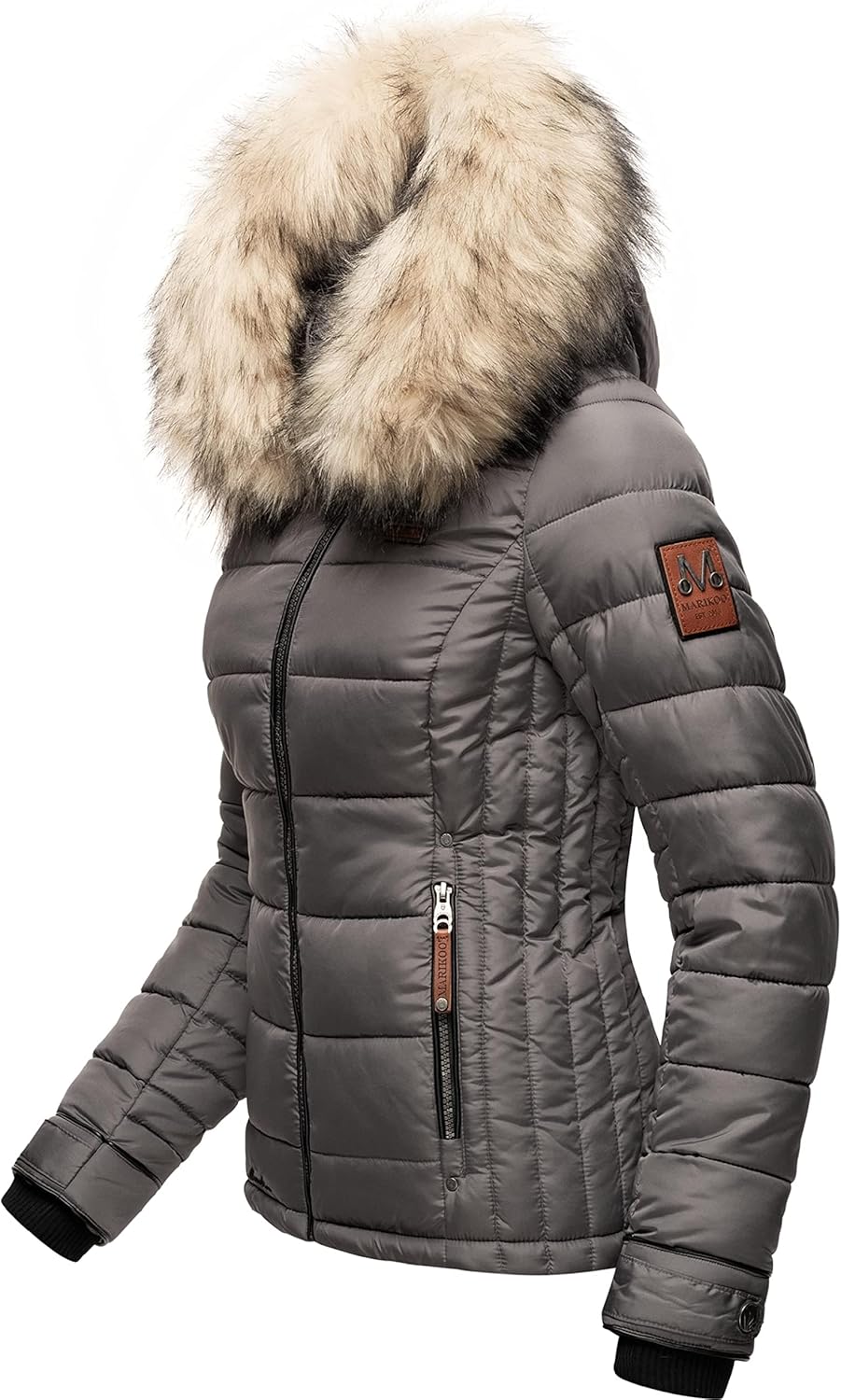 MARIKOO Damen Winterjacke Steppjacke mit abnehmbarem Kunstfell Lerikaa XS-3XL XL Dark Grey, XL Dark