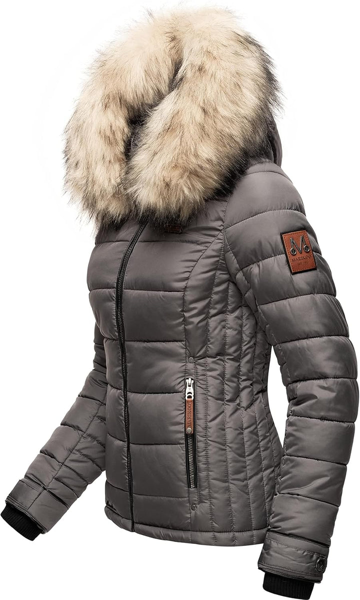 MARIKOO Damen Winterjacke Steppjacke mit abnehmbarem Kunstfell Lerikaa XS-3XL XL Dark Grey, XL Dark