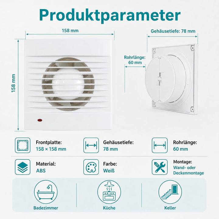 Badlüfter 100mm, 142m³/h Abluftventilator Küche, Badlüfter mit Rückstauklappe, 1.5m EU-Netzkabel für