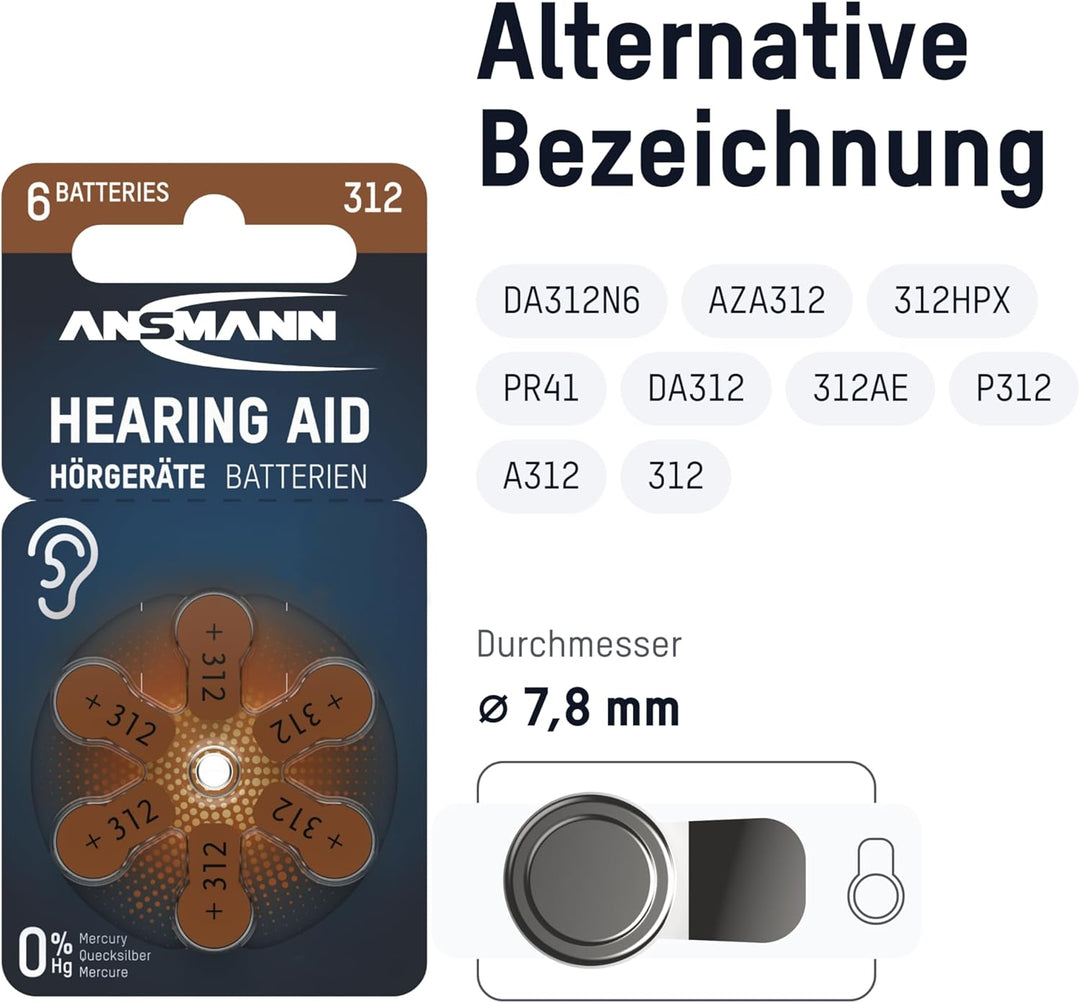 ANSMANN Hörgerätebatterien 312, 60 Stück, Batterien Typ 312 P312 ZL3 PR41, braun, Zink-Luft, Sparpac
